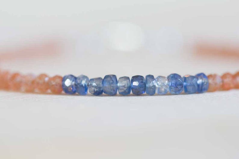 Sunstone Bracelet with Blue Kyanite, Delicate Beaded Stacking Orange Gemstone Jewelry, Rose Gold Fill or Sterling Silver