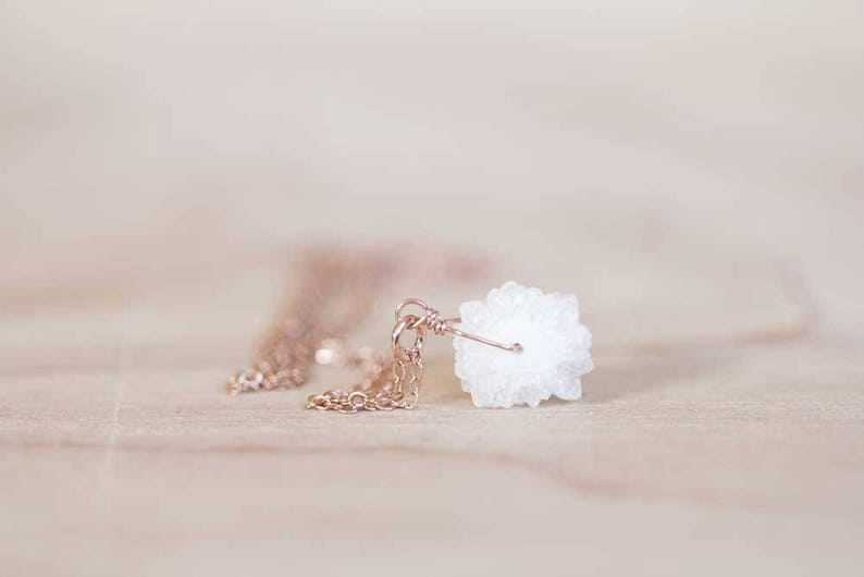 Selenite Necklace on Sterling Silver or Rose Gold Filled Chain, Small White Natural Druzy Pendant, Delicate Genuine Crystal Jewelry