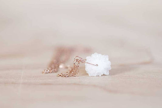 Selenite Necklace on Sterling Silver or Rose Gold Filled Chain, Small White Natural Druzy Pendant, Delicate Genuine Crystal Jewelry