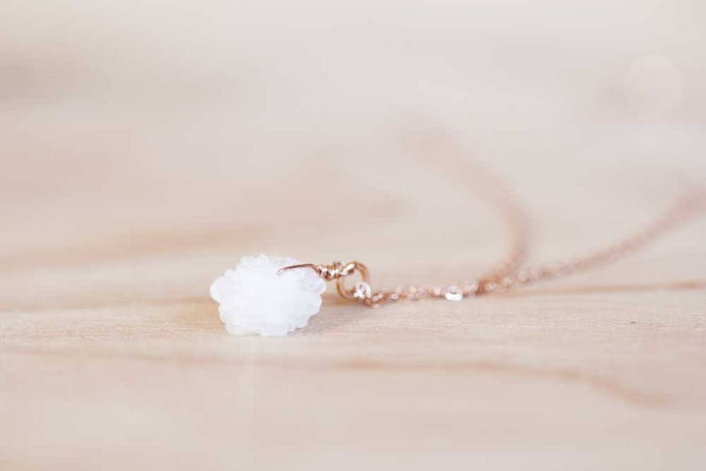 Selenite Necklace on Sterling Silver or Rose Gold Filled Chain, Small White Natural Druzy Pendant, Delicate Genuine Crystal Jewelry