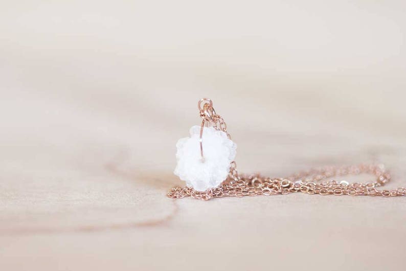 Selenite Necklace on Sterling Silver or Rose Gold Filled Chain, Small White Natural Druzy Pendant, Delicate Genuine Crystal Jewelry