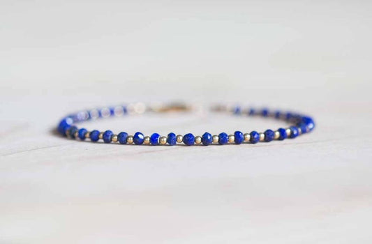 Lapis Bracelet with Rose Gold Fill or Sterling Silver, Stacking Layering Beaded Gemstone Jewelry, Lapis Lazuli Faceted Blue Gemstone