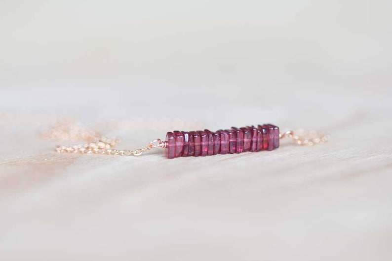 Square Garnet Bar Necklace on Rose Gold Filled, Oxidized Sterling or Sterling Silver Chain, Delicate January Birthstone Jewelry