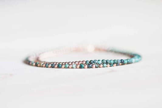 African Turquoise Bracelet with Sterling Silver or Rose Gold Filled, Dainty Green Jasper Jewelry, Beaded Bracelet Set