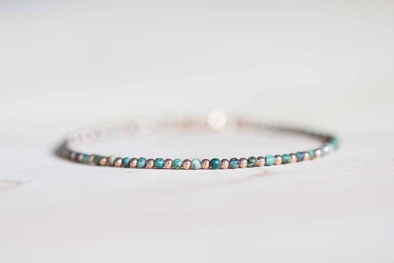 African Turquoise Bracelet with Sterling Silver or Rose Gold Filled, Dainty Green Jasper Jewelry, Beaded Bracelet Set