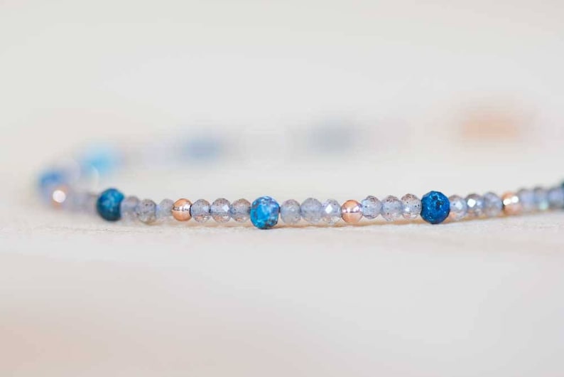 Labradorite Bracelet with Chrysocolla, Delicate Multi Gemstone Beaded Jewelry, Rose Gold Fill or Sterling Silver, Dainty Faceted Beads