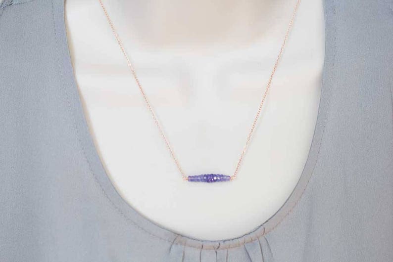 Tanzanite Bar Necklace on Rose Gold Filled, Oxidized Sterling or Sterling Silver Chain, Delicate December Birthstone Jewelry, Blue Gemstone