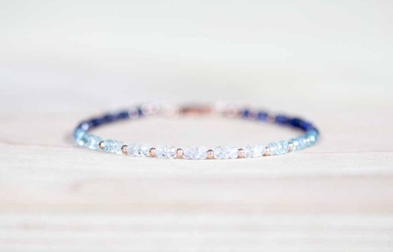 Iolite, Aquamarine and Rainbow Moonstone Bracelet, Rose Gold Fill or Sterling Silver, Delicate Beaded Gemstone Ombre Stacking Bracelet