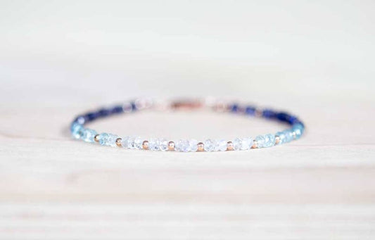 Iolite, Aquamarine and Rainbow Moonstone Bracelet, Rose Gold Fill or Sterling Silver, Delicate Beaded Gemstone Ombre Stacking Bracelet