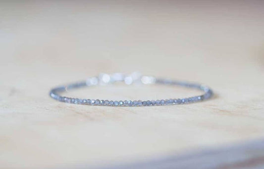 Dainty Labradorite Bracelet, Ultra Delicate Minimal Grey Gemstone Jewelry, Sterling Silver or Rose Gold Filled