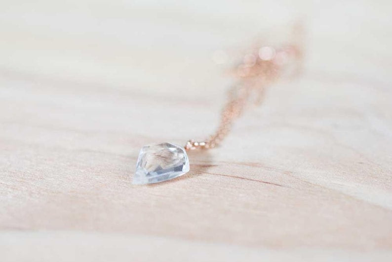 Clear Quartz Necklace on 14k Rose Gold Filled or Sterling Silver Chain, Delicate Crystal Pendant, Oxidized Sterling Silver Jewelry