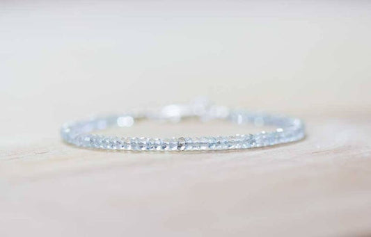 Aquamarine Bracelet, Delicate Beaded March Birthstone Jewelry, Sterling Silver or Rose Gold Filled, Elastic Stretch Bracelet