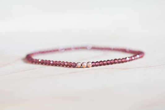 Garnet Bracelet, Beaded Red Gemstone Elastic Stacking Jewelry, Delicate Stretch Faceted Small Beads, Rose Gold Fill or Sterling Silver
