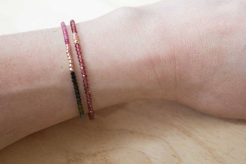 Garnet Bracelet, Beaded Red Gemstone Elastic Stacking Jewelry, Delicate Stretch Faceted Small Beads, Rose Gold Fill or Sterling Silver