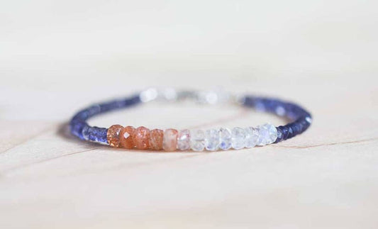 Iolite Bracelet with Rainbow Moonstone & Sunstone, Blue Gemstone Stacking Jewelry, Sterling Silver or Rose Gold Filled