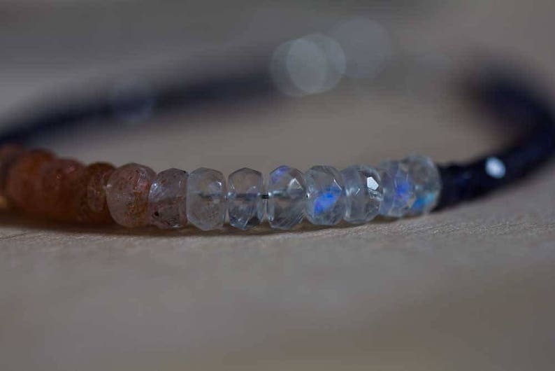 Iolite Bracelet with Rainbow Moonstone & Sunstone, Blue Gemstone Stacking Jewelry, Sterling Silver or Rose Gold Filled