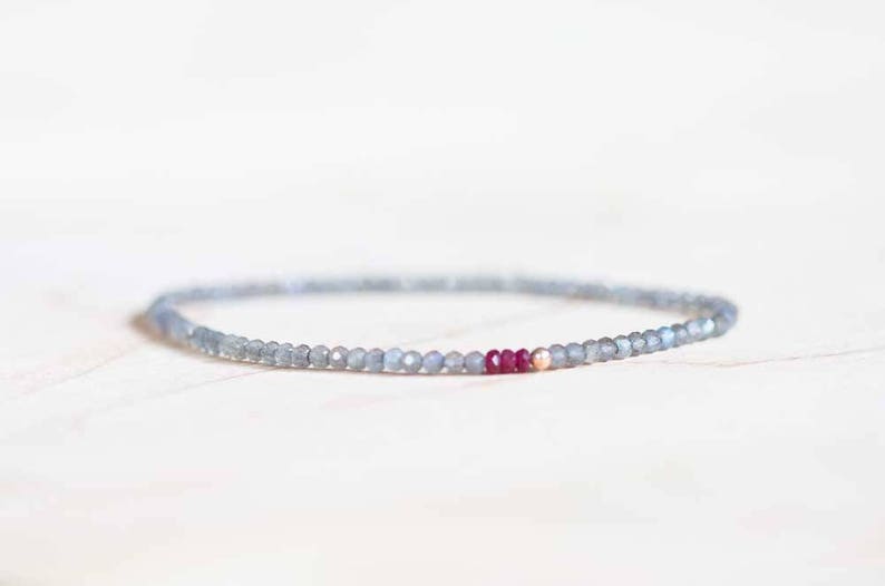 Labradorite Bracelet with Ruby, Beaded Grey Gemstone Elastic Stacking Jewelry, Delicate Stretch Faceted Small Beads