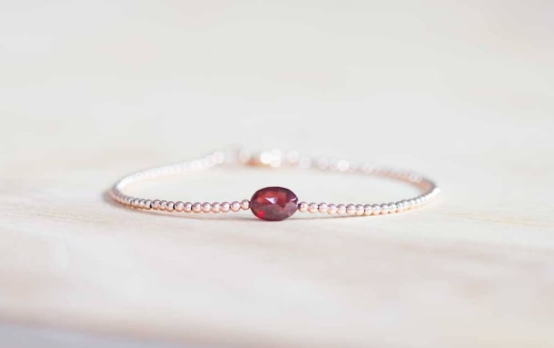 Garnet Bracelet with Rose Gold Fill or Sterling Silver Beads, January Birthstone Jewelry