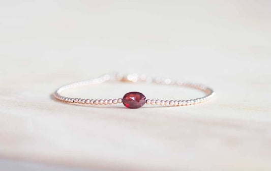 Garnet Bracelet with Rose Gold Fill or Sterling Silver Beads, January Birthstone Jewelry