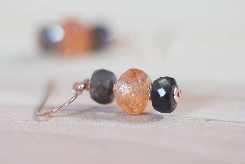 Sunstone & Grey Moonstone Earrings on Sterling Silver or Rose Gold Filled Earwires, Gemstone Dangle Stack Earrings, Orange Gemstone Jewelry