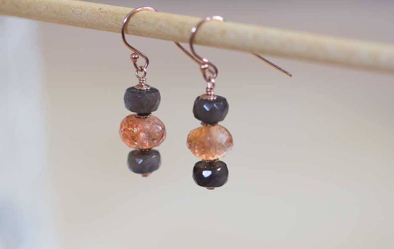 Sunstone & Grey Moonstone Earrings on Sterling Silver or Rose Gold Filled Earwires, Gemstone Dangle Stack Earrings, Orange Gemstone Jewelry