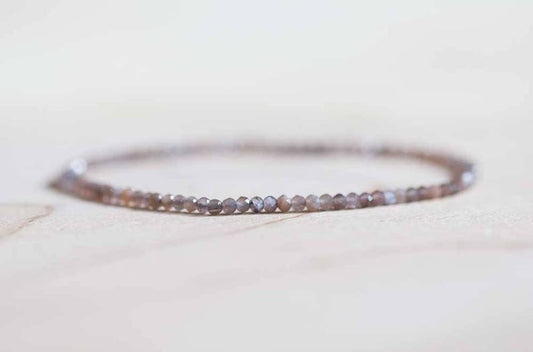 Dainty Brown Moonstone Stretch Bracelet, Delicate Grey Chocolate Gemstone Jewelry, Faceted Beads on Elastic Cord