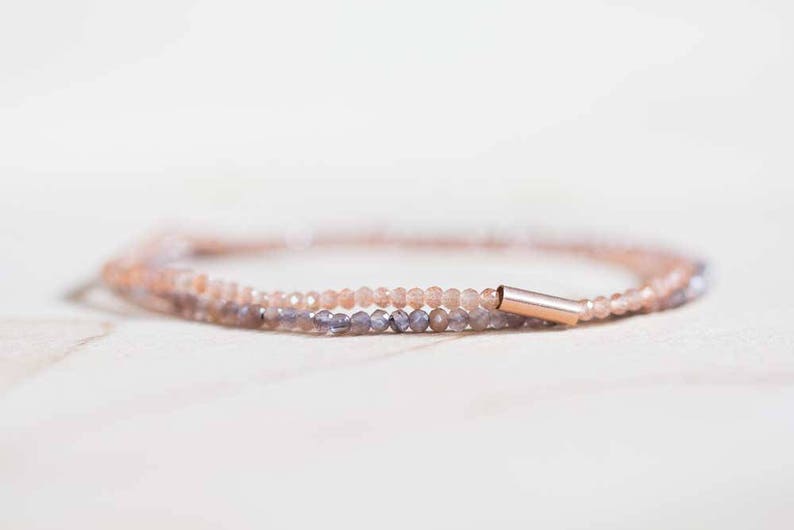 Dainty Brown Moonstone Stretch Bracelet, Delicate Grey Chocolate Gemstone Jewelry, Faceted Beads on Elastic Cord