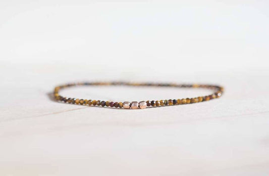 Tiger Eye Stretch Bracelet, Beaded Gemstone Elastic Stacking Bracelet, Delicate Faceted Small Beads, Brown Gemstone