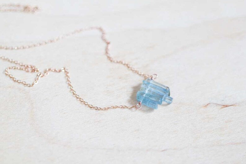 Aquamarine Crystal Necklace on Sterling Silver, Oxidized Silver or Rose Gold Filled Chain, Premium Raw Rough March Birthstone Jewelry