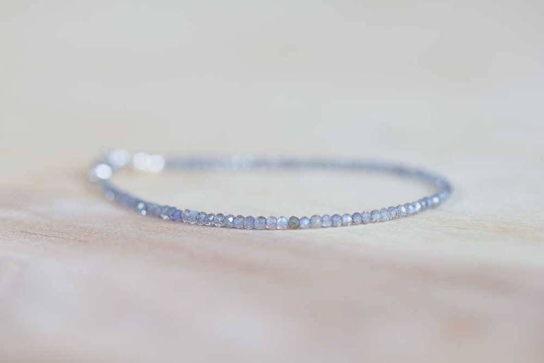 Dainty Labradorite Bracelet, Ultra Delicate Minimal Grey Gemstone Jewelry, Sterling Silver or Rose Gold Filled