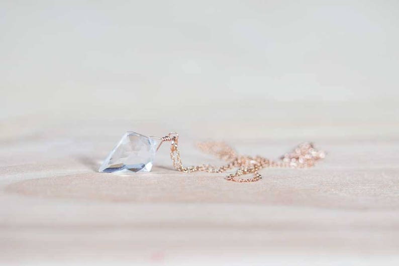 Clear Quartz Necklace on 14k Rose Gold Filled or Sterling Silver Chain, Delicate Crystal Pendant, Oxidized Sterling Silver Jewelry