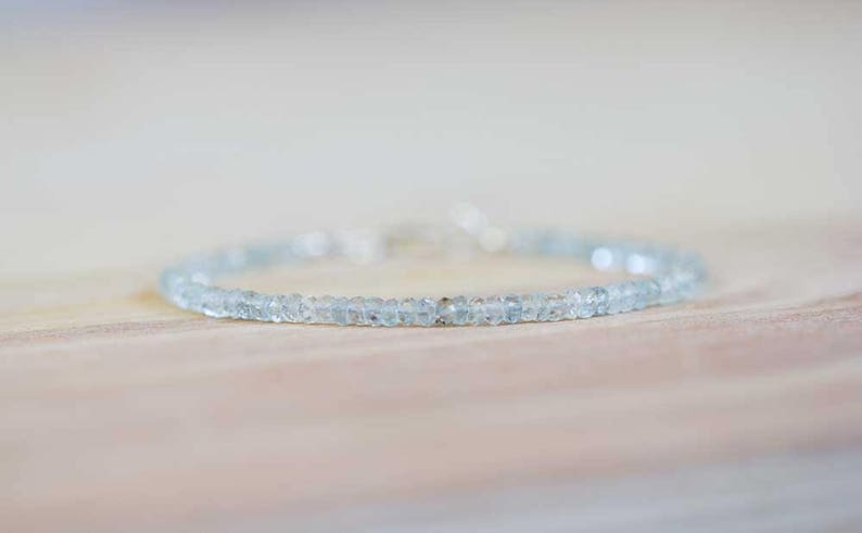 Aquamarine Bracelet, Delicate Beaded March Birthstone Jewelry, Sterling Silver or Rose Gold Filled, Elastic Stretch Bracelet