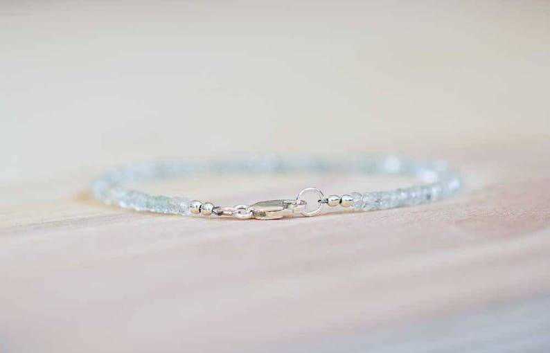 Aquamarine Bracelet, Delicate Beaded March Birthstone Jewelry, Sterling Silver or Rose Gold Filled, Elastic Stretch Bracelet