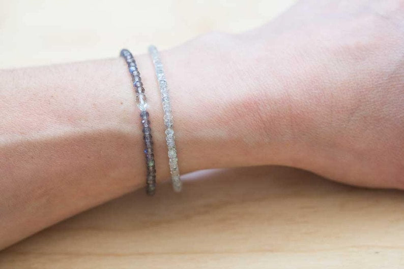 Aquamarine Bracelet, Delicate Beaded March Birthstone Jewelry, Sterling Silver or Rose Gold Filled, Elastic Stretch Bracelet