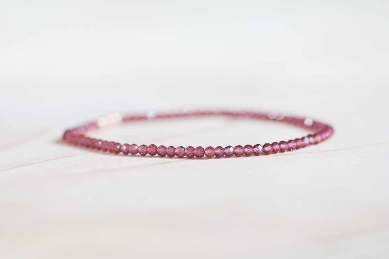 Garnet Bracelet, Beaded Red Gemstone Elastic Stacking Jewelry, Delicate Stretch Faceted Small Beads, Rose Gold Fill or Sterling Silver