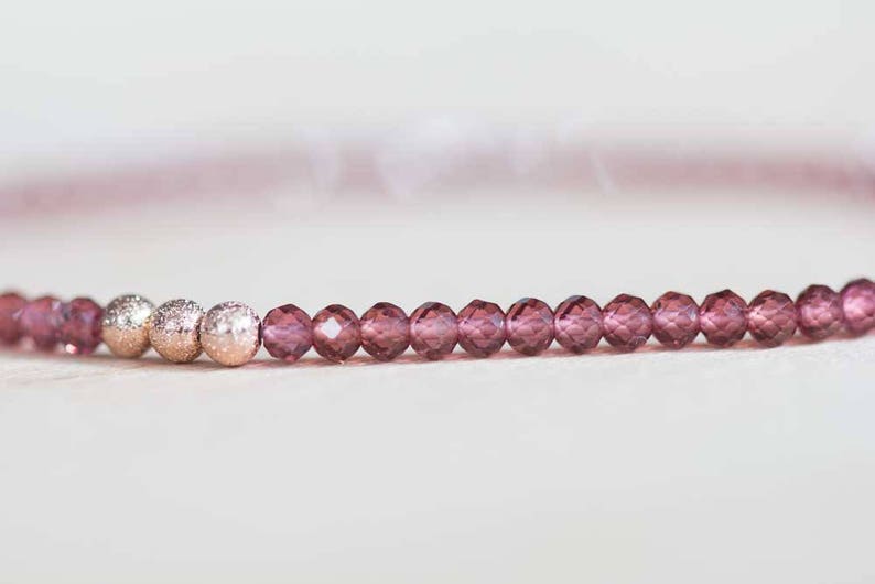 Garnet Bracelet, Beaded Red Gemstone Elastic Stacking Jewelry, Delicate Stretch Faceted Small Beads, Rose Gold Fill or Sterling Silver