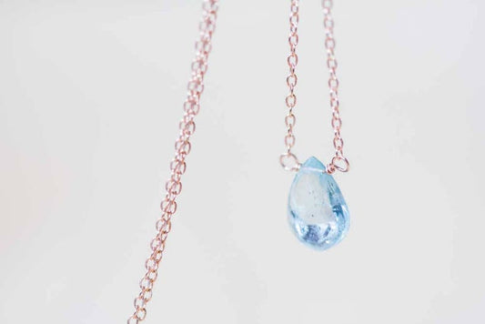 Aquamarine Necklace on Rose Gold Fill, Oxidized Sterling Silver Chain, Delicate March Birthstone Jewelry, Faceted Pear Briolette Pendant