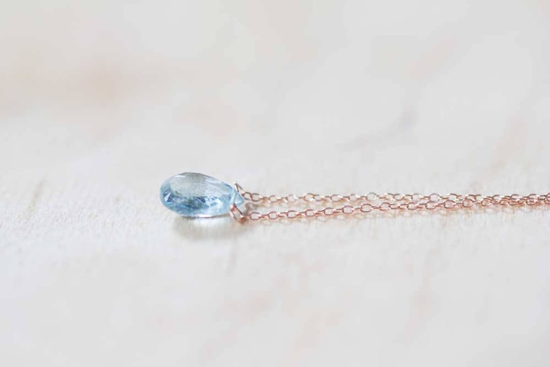 Aquamarine Necklace on Rose Gold Fill, Oxidized Sterling Silver Chain, Delicate March Birthstone Jewelry, Faceted Pear Briolette Pendant