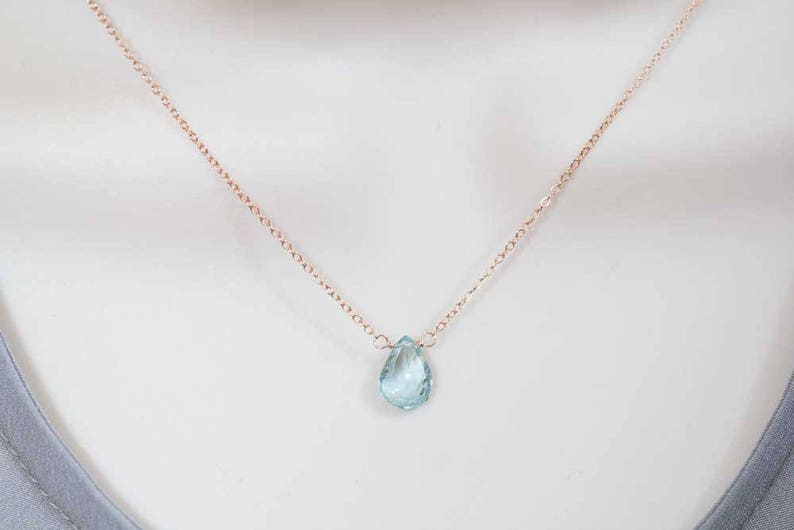 Aquamarine Necklace on Rose Gold Fill, Oxidized Sterling Silver Chain, Delicate March Birthstone Jewelry, Faceted Pear Briolette Pendant