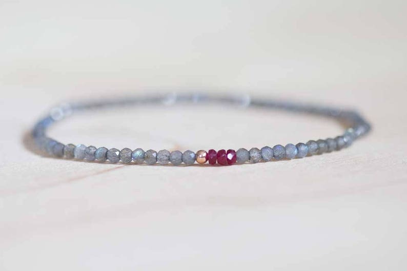 Labradorite Bracelet with Ruby, Beaded Grey Gemstone Elastic Stacking Jewelry, Delicate Stretch Faceted Small Beads