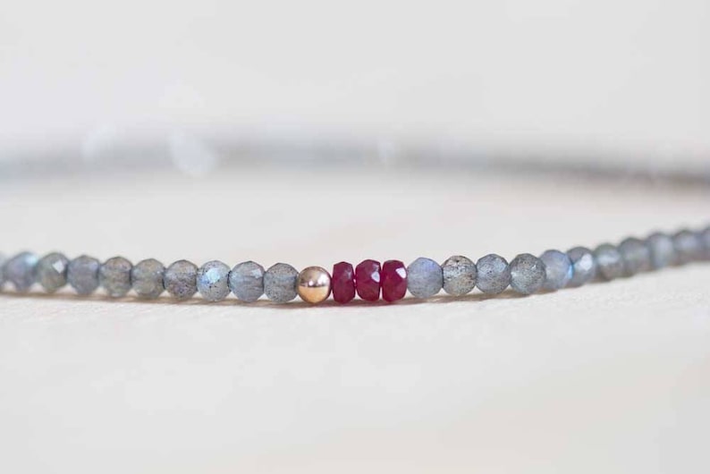 Labradorite Bracelet with Ruby, Beaded Grey Gemstone Elastic Stacking Jewelry, Delicate Stretch Faceted Small Beads