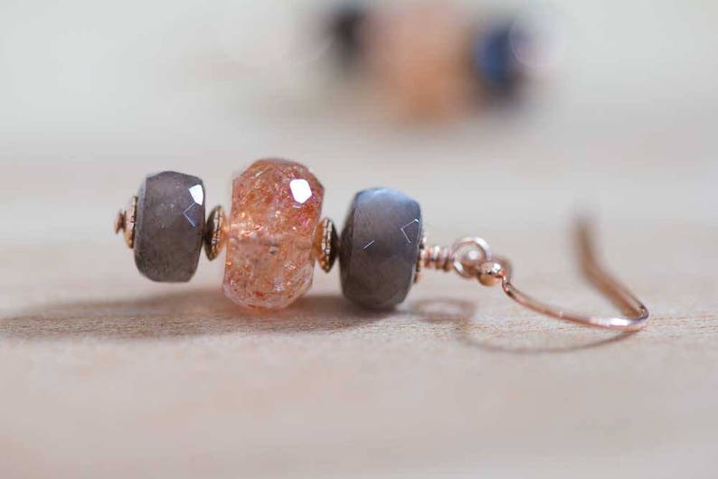 Sunstone & Grey Moonstone Earrings on Sterling Silver or Rose Gold Filled Earwires, Gemstone Dangle Stack Earrings, Orange Gemstone Jewelry