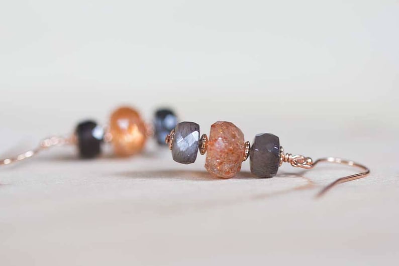 Sunstone & Grey Moonstone Earrings on Sterling Silver or Rose Gold Filled Earwires, Gemstone Dangle Stack Earrings, Orange Gemstone Jewelry
