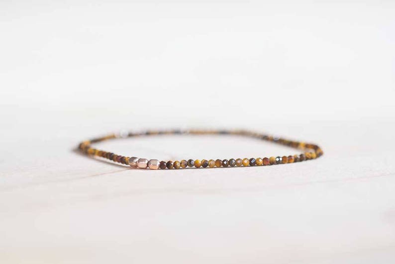Tiger Eye Stretch Bracelet, Beaded Gemstone Elastic Stacking Bracelet, Delicate Faceted Small Beads, Brown Gemstone