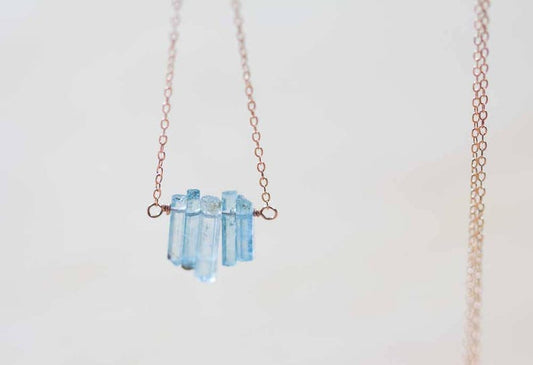 Aquamarine Crystal Necklace on Sterling Silver, Oxidized Silver or Rose Gold Filled Chain, Premium Raw Rough March Birthstone Jewelry