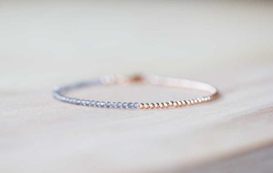 Grey Moonstone Bracelet with Sterling Silver or Rose Gold Filled, Delicate Gemstone Skinny Stacking Jewelry