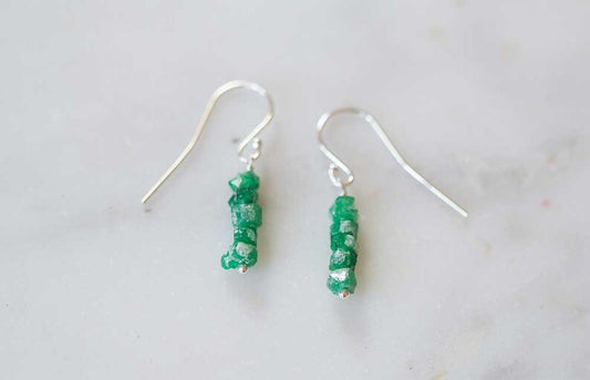 Rough Emerald Earrings, Rose Gold Filled or Sterling Silver, Raw Green Gemstone Jewelry, May Birthstone Dangle Stack