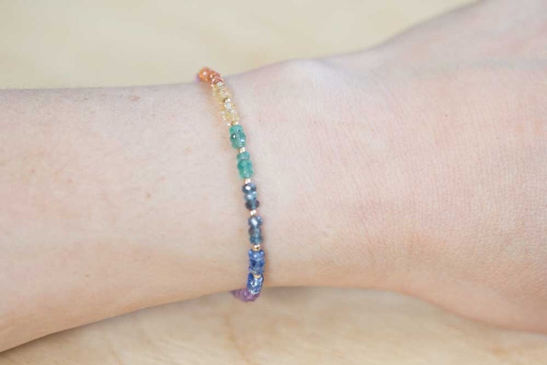 Dainty Rainbow Gemstone Bracelet with Garnet, Tourmaline, Citrine, Apatite & Amethyst, Sterling Silver Rose Gold Fill