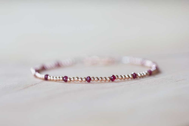 Dainty Rose Gold Fill Beaded Bracelet with Ruby, Skinny Beaded Stacking Jewelry, Sterling Silver July Birthstone