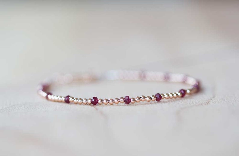 Dainty Rose Gold Fill Beaded Bracelet with Ruby, Skinny Beaded Stacking Jewelry, Sterling Silver July Birthstone